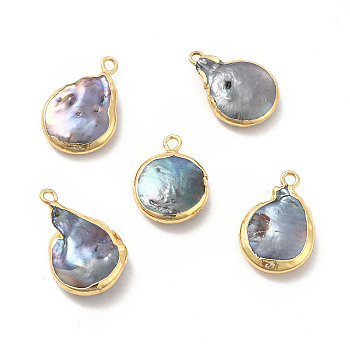 Baroque Natural Keshi Pearl Pendants, Teardrop Charms, with Brass Loops, Blue, Light Gold, 17~22x13~14x4~5mm, Hole: 1.6~1.8mm