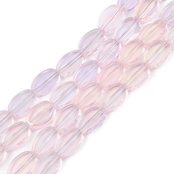 Painted Transparent Glass Beads Strands, Oval, Pink, 8~10x6x2.5mm, Hole: 1mm, about 54Pcs/strand, 19.69~20.87''(50~53cm)