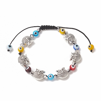 Colorful Lampwork Evil Eye & Glass & Alloy Braided Bead Bracelet for Women, Owl, Inner Diameter: 2-1/8~3-1/4 inch(5.5~8.2cm), Owl: 11x10x7mm