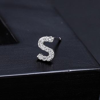 Platinum Brass Micro Pave Cubic Zirconia Stud Earrings, Initial Letter, Letter S, No Size