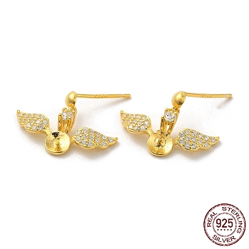 Wings 925 Sterling Silver Micro Pave Cubic Zirconia Dangle Stud Earring Findings, for Half Drilled Beads, with S925 Stamp, Real 18K Gold Plated, 12x17.5mm, Pin: 0.9mm and 11x0.9mm