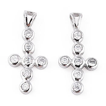 Rhodium Plated 925 Sterling Silver Pave Clear Cubic Zirconia Pendants, Cross Charms wit 925 Stamp, Real Platinum Plated, 26x17x2.5mm, Hole: 2x4mm