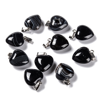Natural Black Agate Pendants, with Platinum Brass Loops, Heart, 18~19x15~15.5x6~8mm, Hole: 6x2.5~3mm