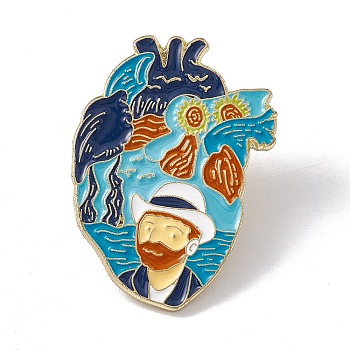 Anatomical Heart Enamel Pin, Light Gold Alloy Brooch for Backpack Clothes, Ocean Themed Pattern, 30.5x22x2mm, Pin: 1.3mm