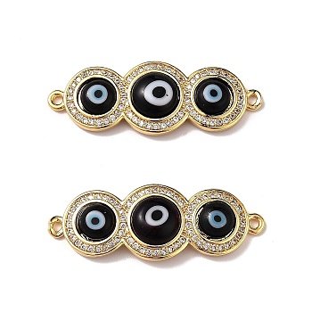 Handmade Lampwork Evil Eye Connector Charms, with Clear Cubic Zirconia, Real 18K Gold Plated Brass Findings, Black, 13x36x4.5mm, Hole: 1.4mm
