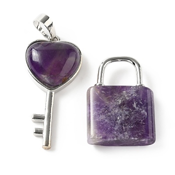 Natural Amethyst Pendants, with Platinum Tone Brass Findings, Key & Lock, 27~36.5x17~19.5x6.5~7mm, Hole: 8~9x5~9mm