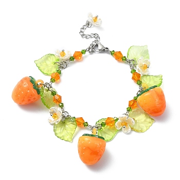 Glass & Resin & Acrylic Flower Charm Bracelet, 304 Stainless Steel Jewelry, Strawberry, 7-1/4 inch(18.5cm)