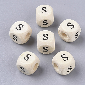 Printed Natural Wood Beads, Horizontal Hole, Cube with Initial Letter, PapayaWhip, Letter.S, 10x10x10mm, Hole: 3.5mm, about 1000pcs/500g