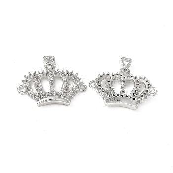 Brass Micro Pave Clear Cubic Zirconia Connetor Charms, Crown Links with Heart, Platinum, 16x19x2.5mm, Hole: 1.2mm