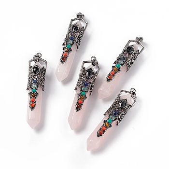 Natural Rose Quartz Big Pendants, 7 Chakra Faceted Bullet Charms, with Rack Plating Antique Silver Tone Alloy Crown Findings, Cadmium Free & Lead Free, 84x20x19.5mm, Hole: 8x5mm