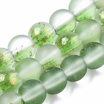 Frosted Spray Painted Glass Beads Strands, with Golden Foil, Round, Lime Green, 6~7mm, Hole: 1.2~1.5mm, about 65~67pcs/Strand, 14.76 inch~15.12 inch(37.5~38.4cm)