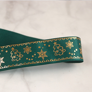 25 Yards Flat Christmas Snowflake Printed Polyester Grosgrain Ribbons, Hot Stamping Ribbons, Teal, 1 inch(25mm), about 25.00 Yards(22.86m)/Roll