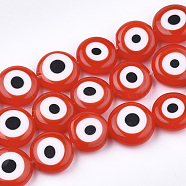 Handmade Evil Eye Lampwork Beads Strands, Flat Round, Red, 11~13x4~5mm, Hole: 1.2mm, about 31~33pcs/strand, 14.1 inch~15.3 inch(LAMP-S191-01D-02)