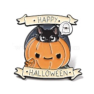 Happy Halloween Word Enamel Pin, Pumpkin with Cat Alloy Badge for Backpack Clothes, Electrophoresis Black, Orange, 34.5x34.5x1.5mm, Pin: 1mm(JEWB-F015-02EB)