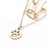 304 Stainless Steel Paperclip Chains Pendants Tiered Necklaces, Double Layered Necklaces, with Lobster Claw Clasps, Flat Round with Dog Paw Prints Pattern, 13.4 inch (34cm), Flat Round: 14.5x12x1mm(NJEW-JN02765-04)