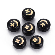 Handmade Lampwork Beads, with Golden Plated Brass Etched Metal Embellishments, Flat Round, Moon with Flower, Black, 8x5~6mm, Hole: 0.8mm(LAMP-S196-014)