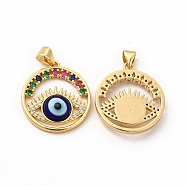 Rack Plating Brass Micro Pave Colorful Cubic Zirconia Pendants, with Handmade Evil Eye Lampwork, Cadmium Free & Lead Free, Long-Lasting Real 18K Gold Plated, Flat Round with Eye Charm, Dark Blue, 23.5x21x3.5~4mm, Hole: 4.5x3.5mm(LAMP-A153-05G-06)
