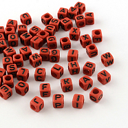 Letter Style Opaque Acrylic Beads, Horizontal Hole, Cube, Red, 6x6x6mm, Hole: 3.5mm, about 2700pcs/500g(SACR-S753-01)