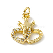Brass Micro Pave Clear Cubic Zirconia Charms, with Open Jump Rings, Double Heart with Crown, Real 18K Gold Plated, 14.5x13x2.5mm, Hole: 2.7mm(ZIRC-F132-95G)