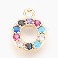 Brass Micro Pave Cubic Zirconia Charms, Letter, Golden, Letter.O, 13~14x7~10x2~2.5mm, Hole: 1.5~1.8mm(ZIRC-F089-01G-O)