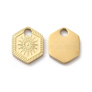 Ion Plating(IP) 316L Surgical Stainless Steel Charms, Hexagon with Sun Charm, Textured, Real 18K Gold Plated, 8.2x7x1mm, Hole: 1.5mm(STAS-H213-52G)