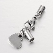 304 Stainless Steel Lobster Claw Clasps, with Cord Ends and Heart Charms, Stainless Steel Color, 34mm, Hole: 3mm(FIND-JF00069-02)