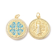 Rack Plating Brass Pendants, with Enamel, Long-Lasting Plated, Real 18K Gold Plated, Cadmium Free & Lead Free, Flat Round, Cross with Cssml Ndsmd Cross God Father Religious Christianity, Deep Sky Blue, 22.5x20x2mm, Hole: 3mm(KK-F852-26G)