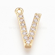 Brass Letter Pendants, with Cubic Zirconia, Lead Free & Cadmium Free & Nickel Free, Long-Lasting Plated, Golden, Letter.V, 15x9x2mm, Hole: 1.2mm(KK-P150-03G-V)