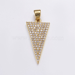 Brass Micro Pave Cubic Zirconia Pendants, Long-Lasting Plated, Real 18K Gold Plated, Triangle, 24.5x12x1.5mm, Hole: 3mm(ZIRC-G125-57G)