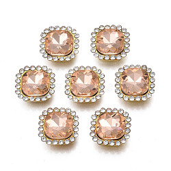 Sew on Rhinestone, Transparent Glass Rhinestone, with Iron Prong Settings, Faceted, Square, Light Peach, 14x14x6.5mm, Hole: 1.5mm(RGLA-S030-06-B03)