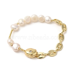 Natural Pearl & Rhinestone Beaded Bracelets, with Brass Coffee Bean Chains and Magnetic Clasps, Real 14K Gold Plated, 7-1/4 inch(18.5cm)(BJEW-C051-32G)