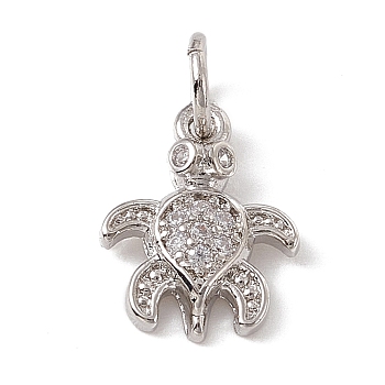 Brass Micro Pave Cubic Zirconia Charms, with Jump Ring, Tortoise Charm, Platinum, 12.5x10x2.5mm, Hole: 3mm