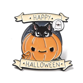 Happy Halloween Word Enamel Pin, Pumpkin with Cat Alloy Badge for Backpack Clothes, Electrophoresis Black, Orange, 34.5x34.5x1.5mm, Pin: 1mm