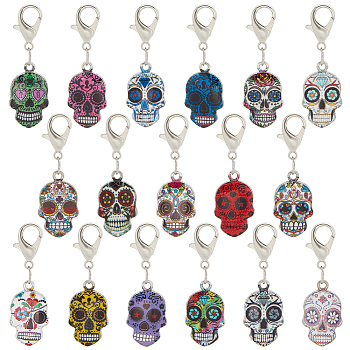 2 Sets Alloy Enamel Pendant Decoration, with Zinc Alloy Lobster Claw Clasps, Skull, Mixed Color, 39~40mm