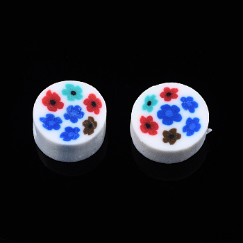 Handmade Polymer Clay Beads, Flat Round with Flower, Colorful, 9~10x4~4.5mm, Hole: 1.2~1.8mm