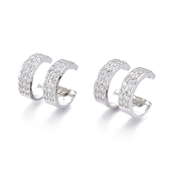 Brass Micro Pave Clear Cubic Zirconia Cuff Earrings, Double Ring Shape, Platinum, 12.4x11.5x11.3mm, Inner Diameter: 10mm