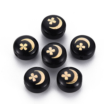 Handmade Lampwork Beads, with Golden Plated Brass Etched Metal Embellishments, Flat Round, Moon with Flower, Black, 8x5~6mm, Hole: 0.8mm
