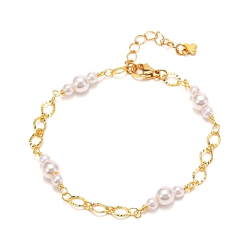 Handmade CCB Plastic Imitation Pearl Beaded Bracelet for Girl Women, with Brass Chain, Golden, 7-3/8 inch(18.8cm)