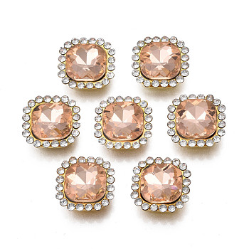 Sew on Rhinestone, Transparent Glass Rhinestone, with Iron Prong Settings, Faceted, Square, Light Peach, 14x14x6.5mm, Hole: 1.5mm