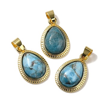 Natural Apatite Pendants, Teardrop Charms with Rack Plating Golden Tone Brass Findings, Cadmium Free & Lead Free, 23x14.5x5.8mm, Hole: 3.8x5.4mm