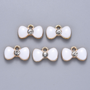 Alloy Enamel Charms, with Crystal Rhinestone, Bowknot, Light Gold, White, 9x15x2mm, Hole: 1.8mm