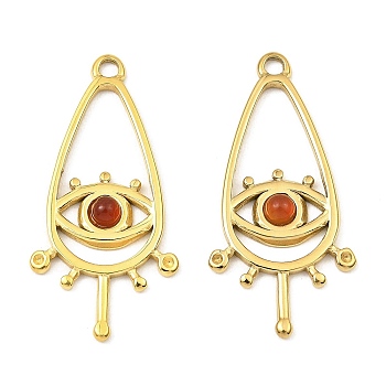 Natural Red Agate Teardrop Pendants, Ion Plating(IP) 316 Stainless Steel Melting Eye Charms, Real 24K Gold Plated, 30.5x14.5x2.5mm, Hole: 1.8mm