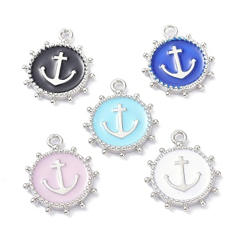 Eco-Friendly Stainless Steel Enamel Pendants, Platinum, Long-Lasting Plated, Flat Round with Anchor, Mixed Color, 20x16.5x2.2mm, Hole: 1.9mm