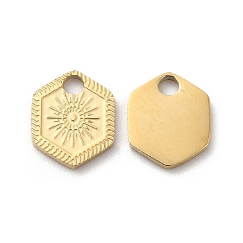 Ion Plating(IP) 316L Surgical Stainless Steel Charms, Hexagon with Sun Charm, Textured, Real 18K Gold Plated, 8.2x7x1mm, Hole: 1.5mm