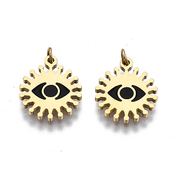 316 Surgical Stainless Steel Enamel Charms, with Jump Rings, Real 14K Gold Plated, Flat Round, Black, 11.5x10x1mm, Jump Ring: 2.7x0.4mm, 1.9mm inner diameter