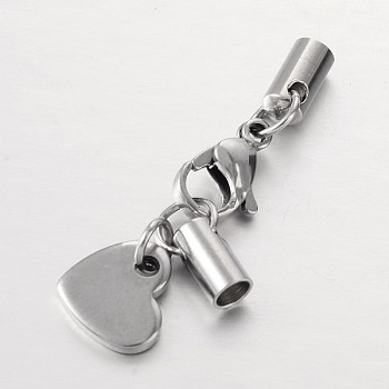 304 Stainless Steel Lobster Claw Clasps, with Cord Ends and Heart Charms, Stainless Steel Color, 34mm, Hole: 3mm