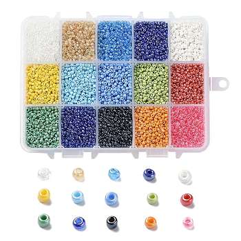 375G 15 Colors Glass Seed Beads, Opaque Colors Lustered, Round, Mixed Color, 12/0, 1.5~2.5x1.5~2mm, Hole: 0.5~1mm, 25g/color