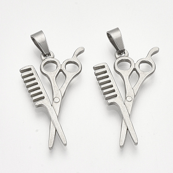304 Stainless Steel Pendants, Scissor & Comb Shape, Stainless Steel Color, 34x19x2mm, Hole: 7.5x4mm