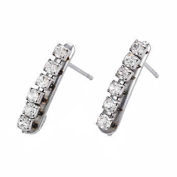 304 Stainless Steel Stud Earrings Findings, with Clear Cubic Zirconia and Horizontal Loop, Rectangle, Stainless Steel Color, 15x3mm, Hole: 2mm, Pin: 0.7mm