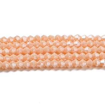 Opaque Solid Color Electroplate Glass Beads Strands, Pearl Luster Plated, Faceted, Bicone, Bisque, 4x4mm, Hole: 0.8mm, about 87~98pcs/strand, 12.76~14.61 inch(32.4~37.1cm)